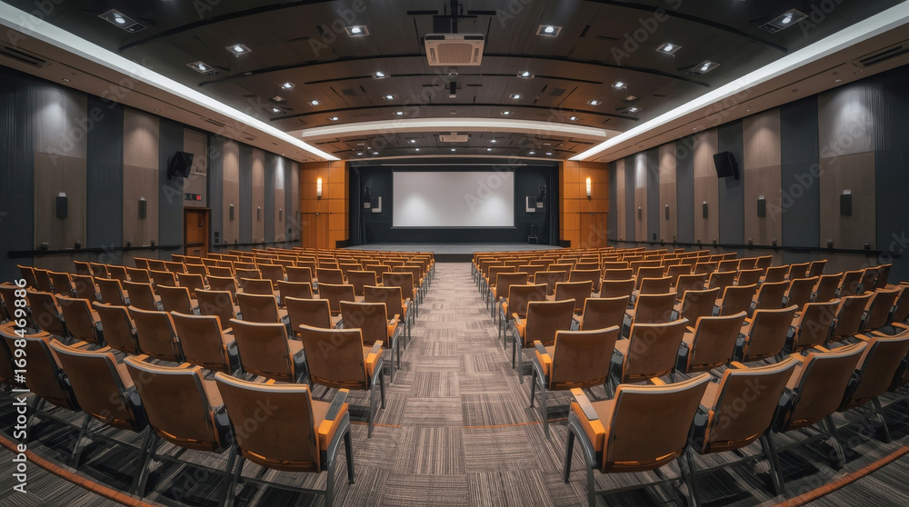 Naklejka premium empty office auditorium. Rows of comfortable chairs face a large stage and a presentation screen. The lighting is professional, and the atmosphere is formal