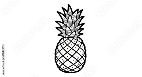 A hand-drawn black and white illustration of a whole tropical pineapple fruit with a spiky crown and detailed line art.