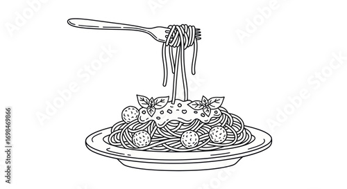 Hand-drawn illustration of spaghetti and meatballs with a fork twirling pasta.