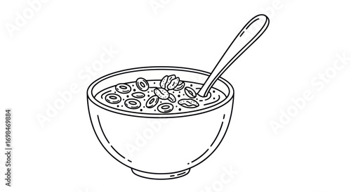 Line Drawing of Oatmeal Bowl with Spoon.