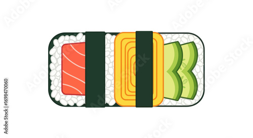 Colorful Sushi Roll with Salmon, Egg, and Avocado Fillings.
