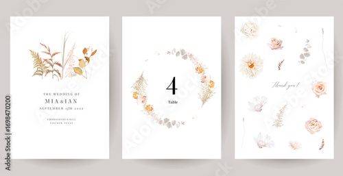 Beige and blush trendy vector design frame. Pastel pampas grass, fern, dusty pink rose, dahlia, dried plants, palm leaves, wildflowers. Wedding floral boho card. All elements are isolated and editable