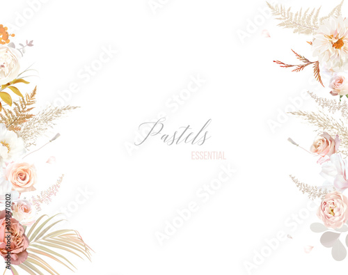 Beige and blush trendy vector design frame. Pastel pampas grass, fern, dusty pink rose, dahlia, dried plants, palm leaves, wildflowers. Wedding floral boho card. All elements are isolated and editable