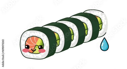 Adorable cartoon sushi maki roll illustration with a kawaii happy face, salmon, and avocado filling.