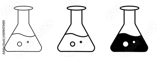 Vector art of three laboratory flasks with liquid in different styles