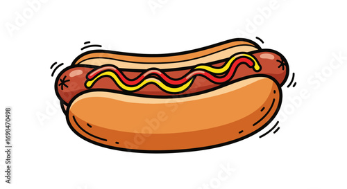 Cartoon Hot Dog with Ketchup and Mustard in a Bun.