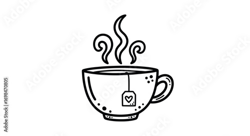 A simple hand-drawn doodle of a steaming teacup with a teabag tag featuring a small heart.