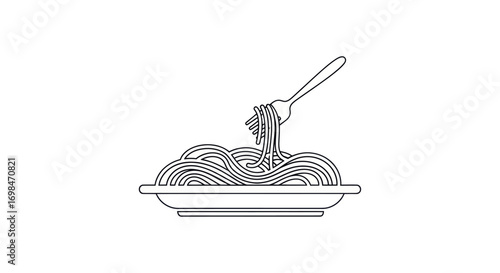 Line Art Illustration of Spaghetti on a Plate with Fork.