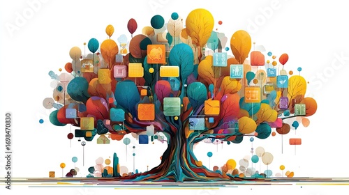 Colorful tree with diverse shapes and objects hanging from its branches