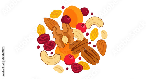 Colorful Illustration of Mixed Nuts and Dried Fruits Arrangement.