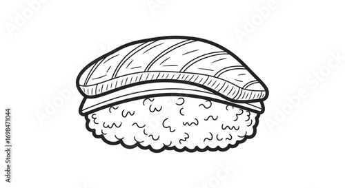 Nigiri Sushi with Salmon Topping, Hand-Drawn Style, Black and White Illustration.