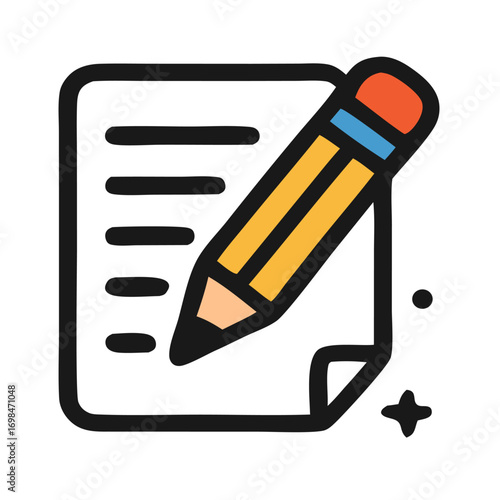Ikon vektor pensil dan kertas, melambangkan menulis, catatan, dokumen, atau konten kreatif. Cocok untuk desain edukasi, aplikasi, website, dan media digital