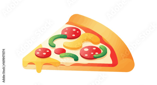 A delicious slice of pizza with pepperoni, green peppers, and melted cheese illustration.