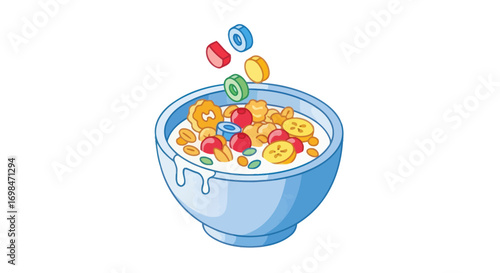 Colorful Cereal Bowl with Milk and Fruit Toppings.