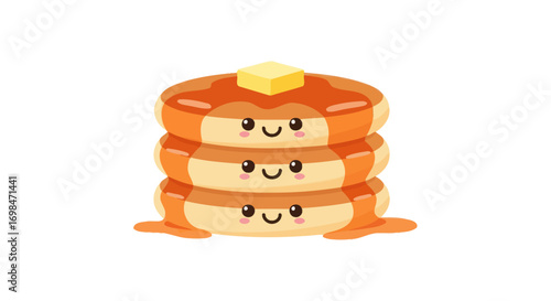 Cute cartoon stack of pancakes with syrup and butter, smiling faces.