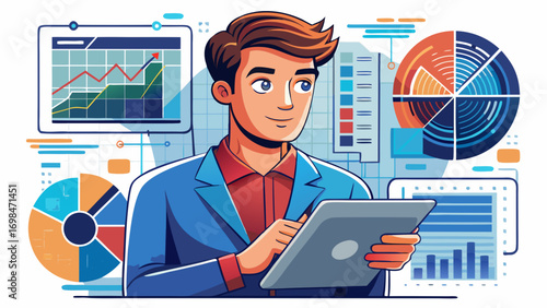 Close-up portrait of male data analyst studying graphs on a tablet. Isolated white background emphasizes insight, technology, and business intelligence.