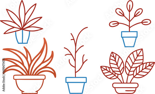 Collection of Five Decorative Houseplants in Simple Potted Outline Art Style