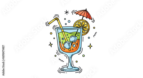 Colorful Cocktail Illustration with Umbrella, Straw, Lemon Slice and Ice Cubes.