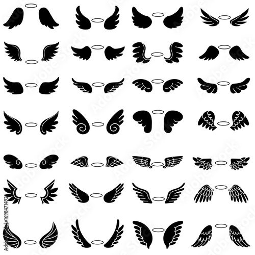 Halo with wings icon vector set. Angel wings illustration sign collection. Deceased symbol or logo. Halo mark.