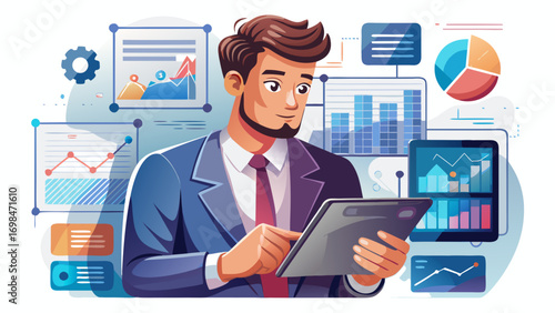 Close-up portrait of male data analyst studying graphs on a tablet. Isolated white background emphasizes insight, technology, and business intelligence.