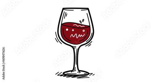 Hand-drawn Wine Glass Filled with Red Wine, Isolated.