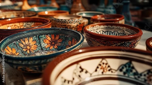 Artisan Bowl Exhibition: A close-up shot displays a collection of vibrant, handcrafted bowls, each telling a story of artistry and tradition through intricate patterns and rich colors.