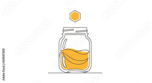 Honey Jar with Hexagon, Continuous Line Art Style Illustration.