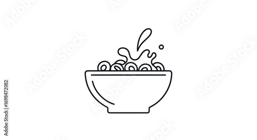 Simple line art icon of a breakfast cereal bowl with a milk splash.