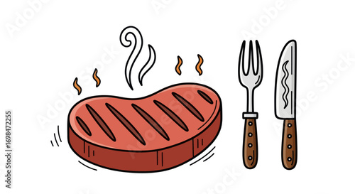 Hand-drawn hot steaming grilled beef steak with fork and knife.