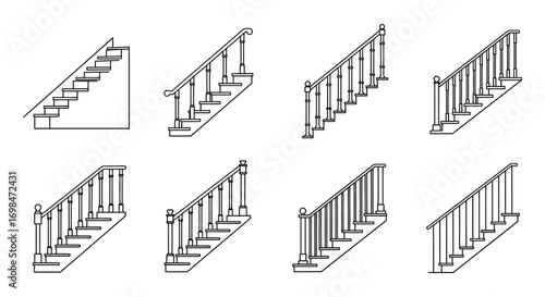 various styles of stair railings shown in detailed illustrations