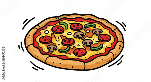 Cartoon Pepperoni Pizza with Mushrooms and Green Peppers Illustration.