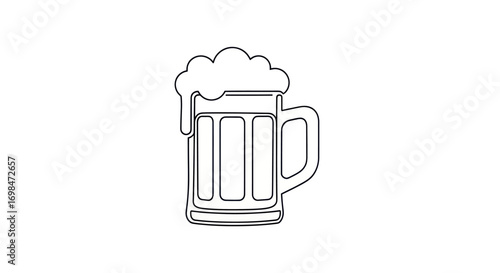 A continuous one-line drawing of a frothy beer mug with overflowing foam.
