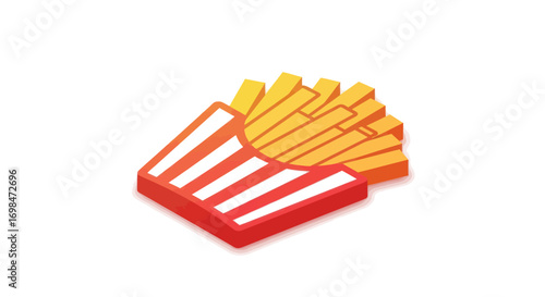 Isometric Cartoon French Fries in Striped Red and White Box.