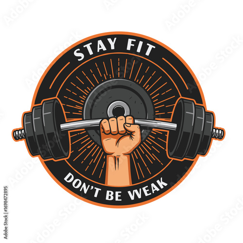 Sports center advertising poster made using disc weight dumbbell and kettle bell sport fitness and power lifting equipment.