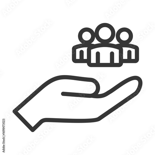 
outline icon of single community with hand design and three people on it
