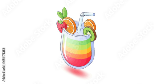 Colorful Layered Cocktail Drink with Fruit Garnish and Straw.