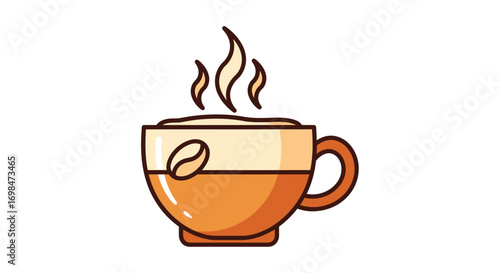 A simple cartoon illustration of a steaming hot cup of coffee with frothy foam and a bean logo.