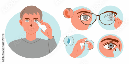 Man applying eye drops and close up illustrations of eye care and vision correction steps