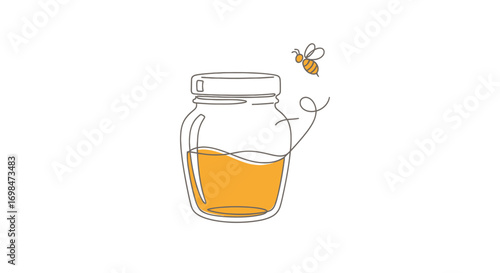 Single-Line Drawing of Honey Jar with Flying Bee.