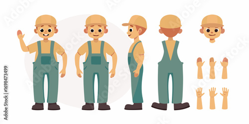 Cartoon construction worker character set with multiple views and body parts for animation