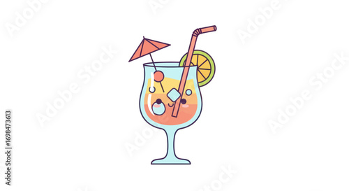 Refreshing Tropical Cocktail with Ice, Cherry, and Orange Slice.