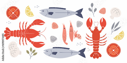 Flat design seafood collection featuring lobster fish shrimp shells lemon and tomato slices