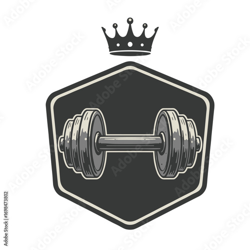 Sports center advertising poster made using disc weight dumbbell and kettle bell sport fitness and power lifting equipment.