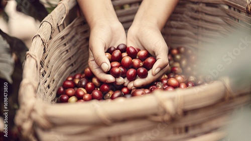 Photos Banner hands harvest red seed in basket robusta arabica plant farm