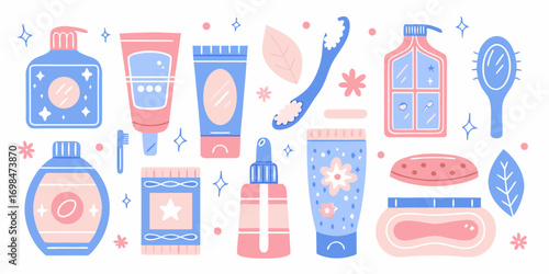 Collection of cute pastel colored skincare and oral hygiene products arranged in a flat design style