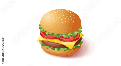 A delicious, classic cheeseburger with a beef patty, melted cheese, lettuce, and tomato on a sesame seed bun.
