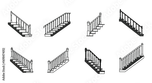 various styles of staircases illustrated in black and white