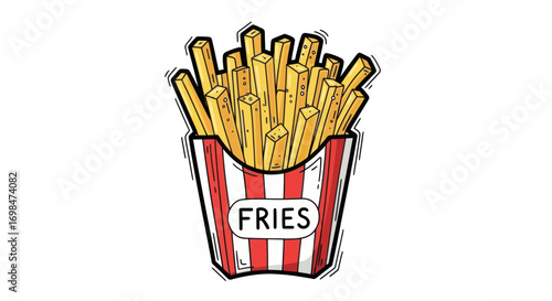 Cartoon French Fries in Striped Container with Fries Text.