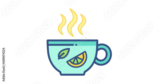 Stylized icon of a hot cup of herbal tea with lemon and mint.