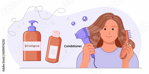 Woman drying and styling her healthy hair with shampoo and conditioner products nearby